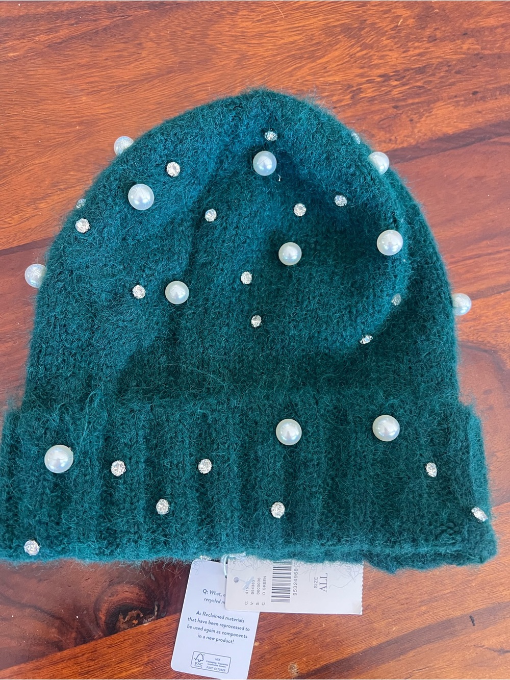 Anthropologie Teal Fuzzy Knit Beanie with Rhinestone Accent